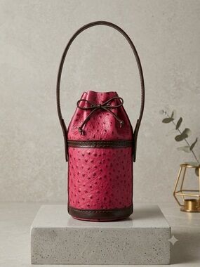 Handmade & stitched ostrich leather Women’s red Bucket Bag with Brown Trim